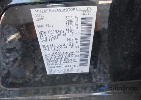 2020 Nissan Pathfinder S 4Wd из США, поврежденный, VIN 5N1DR2AMXLC651106